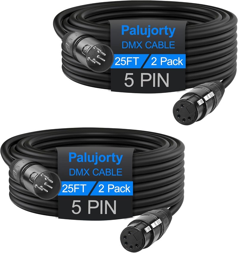 Palujorty كابل DMX 2 حزمة، كابل DMX 5 دبابيس 25 قدم مع 3 موصلات للإضاءة المسرحية ووحدة التحكم - Image 1